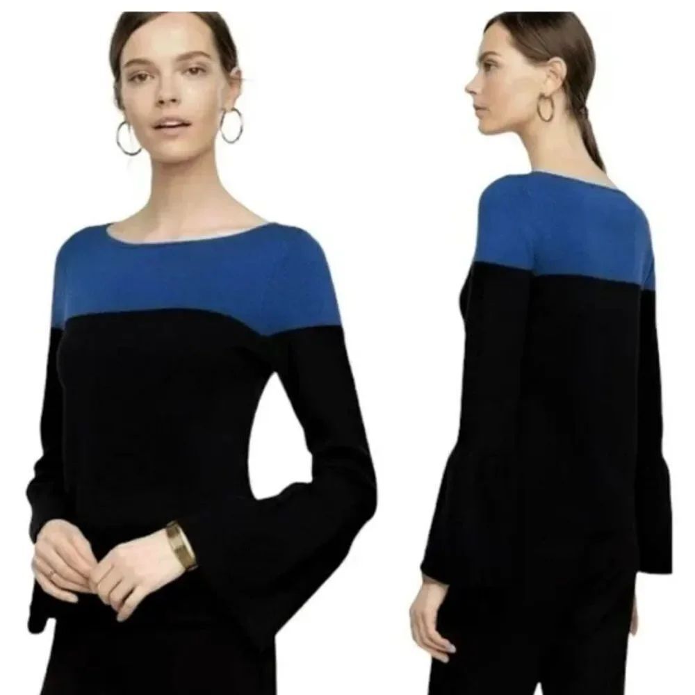 Ann Taylor Color Block Blue and Black Sweater with Flared Sleeves Size Medium